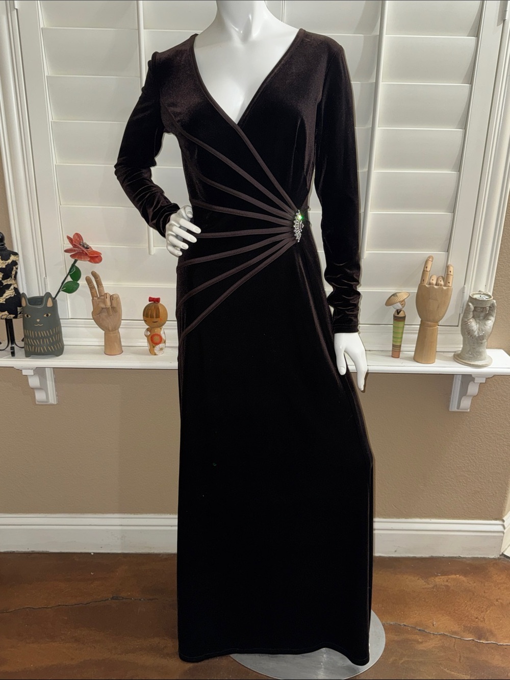 Tadashi Collections Tadashi Shoji Velvet Long Sleeve Maxi Dress Chocolate Brown